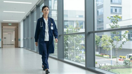 Fototapeta premium A nurse walks down a bright hospital hallway with large windows.