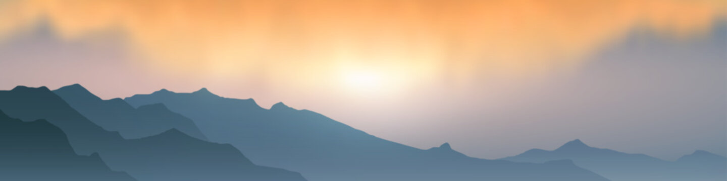 Sunrise in the mountains, misty silhouettes of ridges, panoramic view, vector illustration