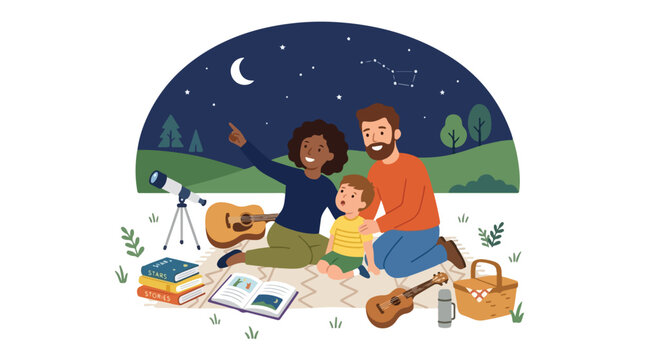 A happy multiracial family sits on a picnic blanket at night, looking up at the stars and moon while pointing at constellations.