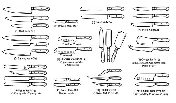 Collection of kitchen knives, chef knives, bread knives and specialty cutting tools in clean black and white line art vector illustration