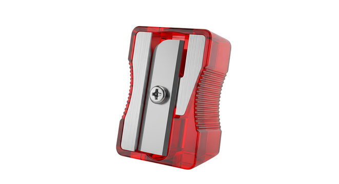 Transparent red plastic pencil sharpener isolated on white background stationery tool