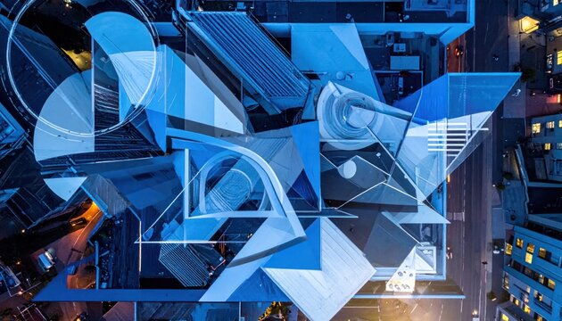 Geometric cityscape with blue tones aerial.