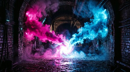 Obraz premium Tunnel passageway illuminates with vibrant pink and blue swirling smoke clouds that create a mysterious and cinematic atmosphere within the dark brick underground architecture.