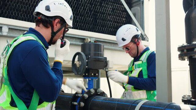 Technician team checking pipe valve, industrial maintenance service monitoring cooling tower system, two man engineer using walkie talkie radio, technical inspection, industry concept.