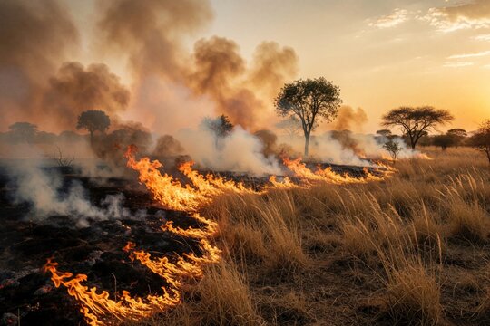 Wildfire burns dry savanna grass at sunset with smoke plumes rising. Orange flames consume dry vegetation near scattered acacia trees. Dramatic scene shows environmental crisis and destruction.