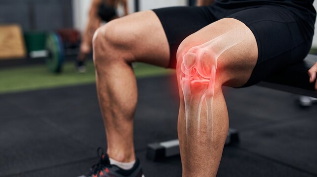 Athlete sits on a gym bench while exhibiting a digitally highlighted red knee joint indicating an area of potential injury or medical concern.