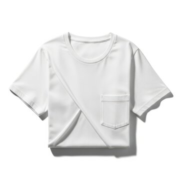 A white t-shirt with a diagonal pocket design on a plain background