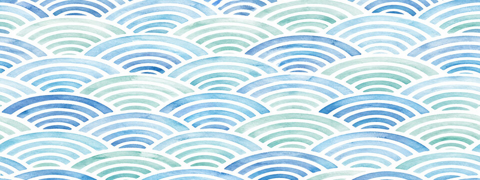 Japanese seigaiha wave pattern, blue watercolor ocean waves background, traditional oriental motif for textile design