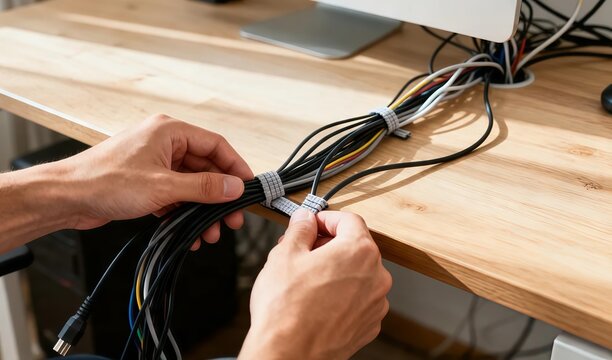 First-person view of hands organizing computer cables behind a wooden desk with reusable cable ties.