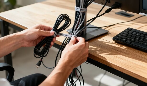 First-person view of hands organizing computer cables behind a wooden desk with reusable cable ties.