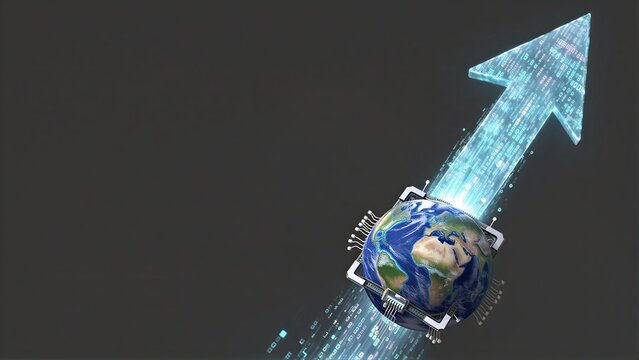 A blue and white globe with a bright arrow pointing upwards through it.