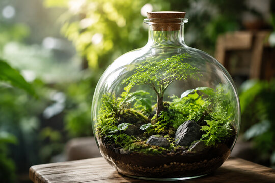 A large glass terrarium containing a miniature forest landscape with plants.
