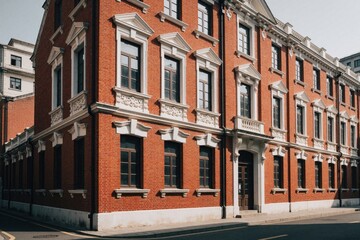 Naklejka premium Red brick building with white trim stands on a quiet city street. This classic structure features multiple windows and detailed facades, evoking historical architecture and design.