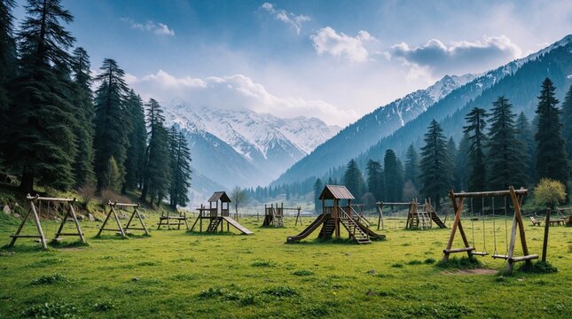 Wooden playground with swings, slides sits in green mountain meadow. Pine forest, snowy peaks surround valley under blue cloudy sky. Kids play area located in beautiful natural landscape for family