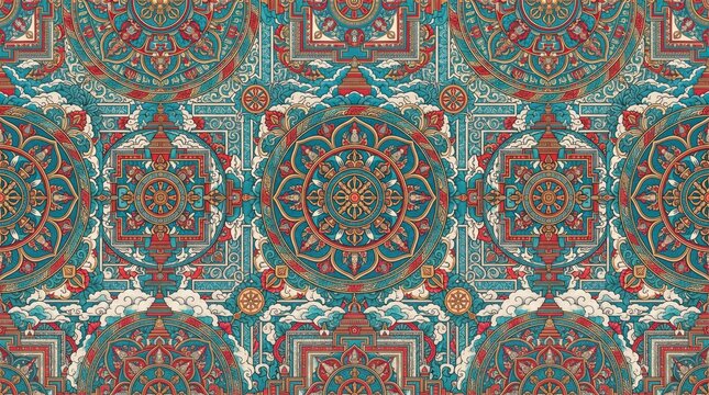 Nepal patterns intricate green and blue artisan textile rug design seamless background with nepalese himalayan background heritage