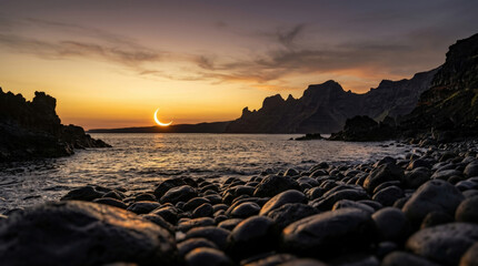 Obraz premium Crescent solar eclipse rises above ocean coast with dark rocky shore and dramatic mountain cliffs for astronomical background.