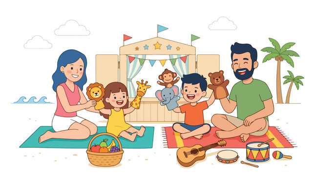 A happy family with two children plays with animal hand puppets on a sunny beach during a summer vacation picnic.