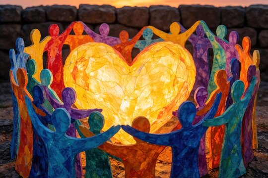 Colorful human figures form circle around glowing heart shape sculpture. Many people silhouettes hold hands together at sunset. Concept of love unity community, social connection in outdoor setting