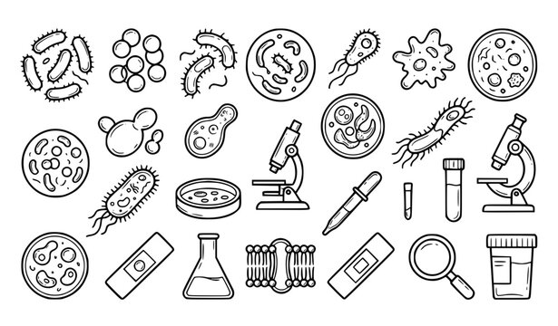 Bacteria and microorganisms scientific line icon collection vector illustration