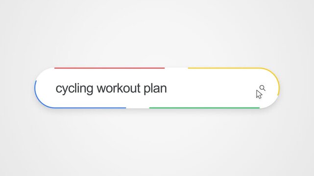 Close-up view of typing "cycling workout plan" into an online search bar with a cursor clicking the search icon, illustrating internet search and cycling fitness research