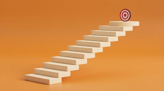Staircase leading to a bullseye target, symbolizing success and achievement