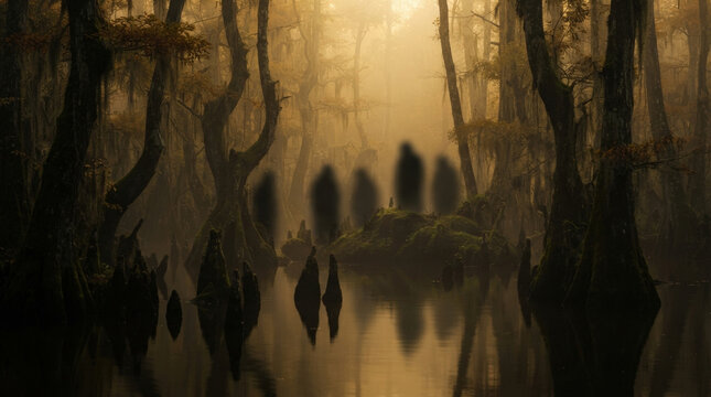 Eerie dark phantoms emerge from foggy swamp waters surrounded by mossy trees during golden twilight for haunting visual effect.