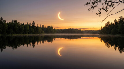 Obraz premium Glowing moon crescent hangs over misty forest lake at dawn with symmetrical reflection in still water providing peaceful mood.