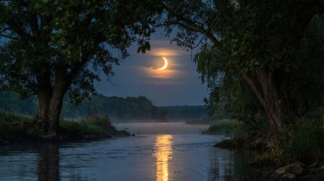 Golden crescent moon hanging above silent morning river framed by dense dark forest trees perfect for ethereal natural imagery.