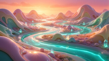 Fototapeta premium Whimsical pastel landscape features glowing turquoise rivers winding through soft rolling hills. Crystal formations dot the terrain under a warm sunset sky, creating a surreal candy dreamscape.