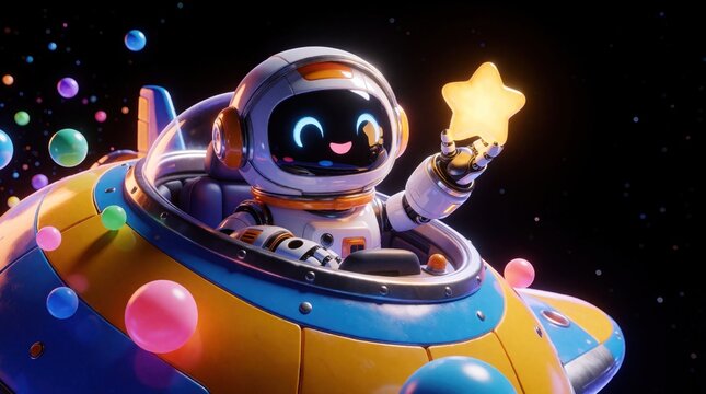 Cute robot astronaut sits in colorful spaceship cockpit holding glowing star. Adorable bot journeys through outer space amidst floating orbs and distant stars, exploring galaxy with wonder and joy.