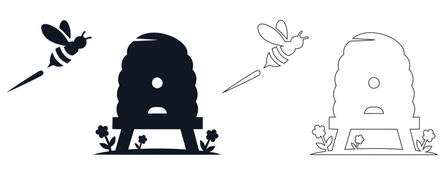 Bee flying toward wooden beehive with flowers in silhouette and outline vector illustration