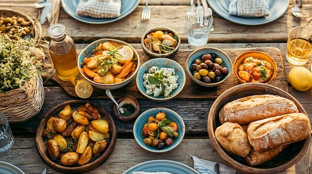 Rustic Mediterranean dinner table spread with assorted tapas, roasted potatoes, fresh bread, and olives in warm sunlight. Perfect for family gathering and food culture concepts.