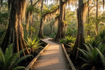 Naklejka premium Wooden boardwalk winds through sunlit cypress swamp with Spanish moss draped trees. Lush ferns border path in wild Florida wetland teeming with life and natural beauty.
