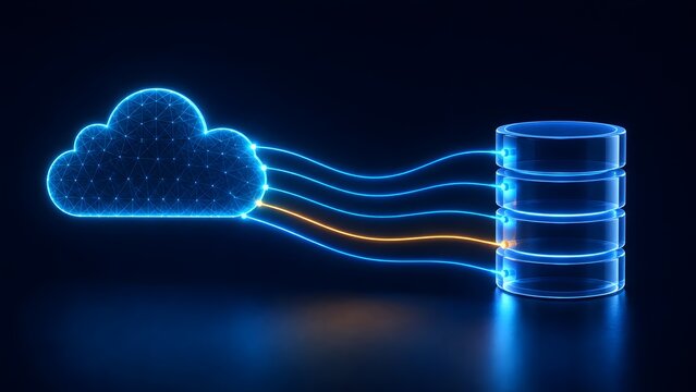 Glowing digital cloud computing symbol connecting to database servers through high speed fiber optic lines.