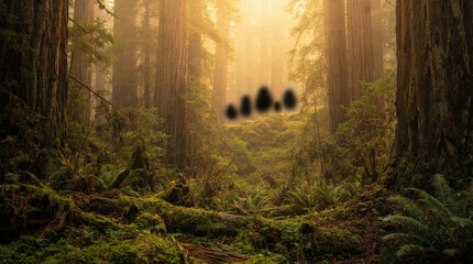Obraz premium Mysterious dark shapes float among ancient redwood forest ferns in morning light suitable for fantasy and supernatural storytelling.