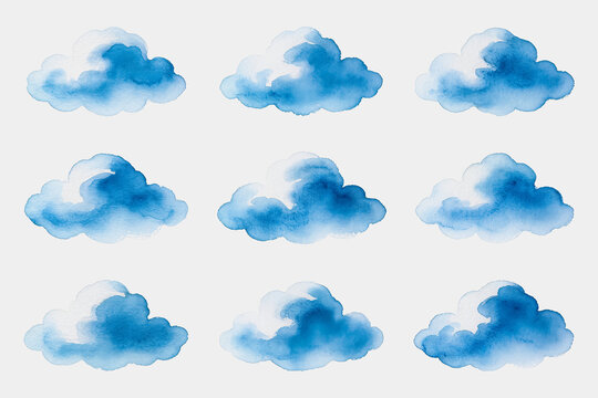 A set of nine watercolor-style cloud illustrations arranged in a neat 3-by-3 grid on a plain white background.