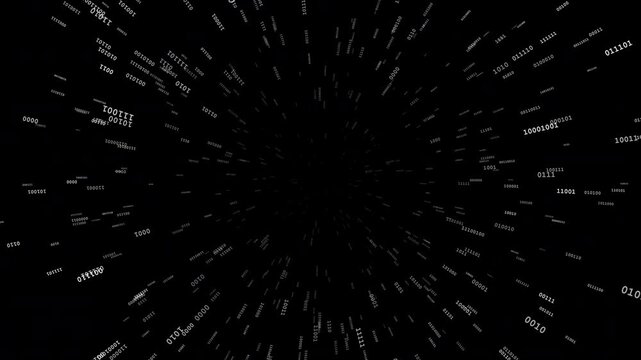 Abstract 4K animation of white binary numbers flying outward through a dark digital warp tunnel from a central vanishing point. Ideal for technology, coding, cybersecurity, and artificial intelligence