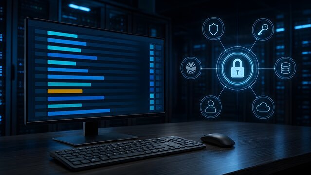 Cybersecurity workstation concept with digital padlock interface and data protection network icons over dark desk.