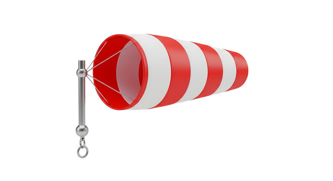 Bright 3D illustration of a red and white striped windsock, dynamically showing wind direction and strength, vital for safety in aviation and industry