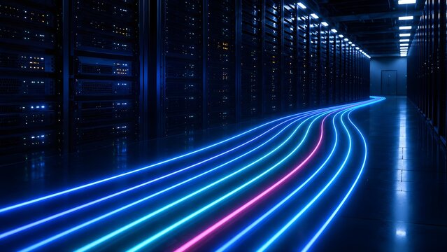 Futuristic data center with glowing neon light trails representing high speed information transfer and network connectivity.
