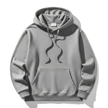 A gray hoodie with a drawstring and pocket