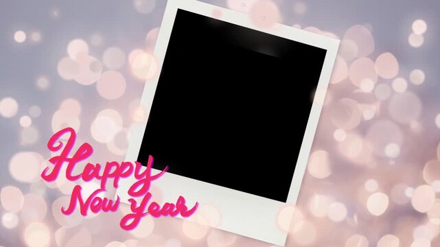 Polaroid frame mockup with a black placeholder for an image, accompanied by festive 'Happy New Year' text and a soft, sparkling bokeh background, perfect for holiday greetings.
