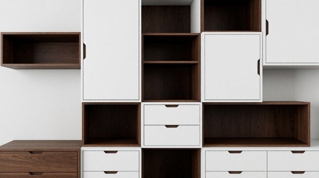 Modern wall unit with white doors, dark walnut wood finish. Modular storage system features open shelves, drawers, closed cabinets. Minimalist furniture design for home office living room