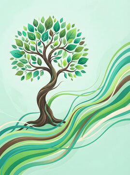 Abstract green tree with swirling wind waves on teal background represents growth and environmental harmony.
