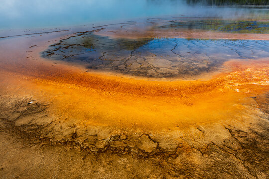 Morning visit to colorful Grand Prismatic Spring, aquamarine blue pool with rainbow color in hot steam, mineral-rich sinter terraces, summer tourism at Yellowstone National Park geothermal features
