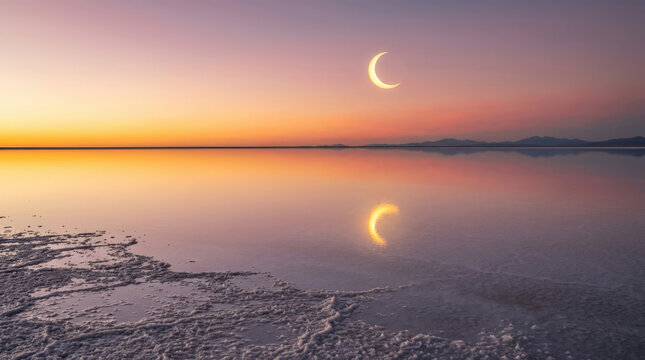 Solar eclipse reflection appears on mirror like salt flats surface during sunset with crescent sun glowing against purple sky.