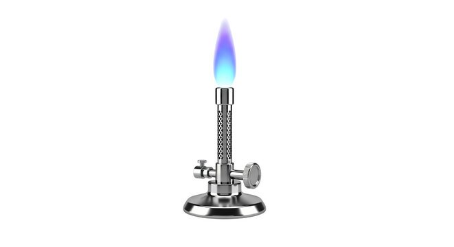 Bunsen burner with blue flame for laboratory gas heating and chemical science experiments isolated on white
