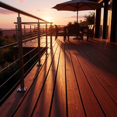Fototapeta premium Wooden deck with table chairs and umbrella overlooking sunset ocean view. Outdoor patio balcony setting, evening light casts long shadows. Modern exterior architectural detail.