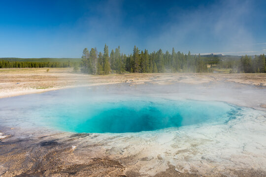 Turquoise natural geothermal pool in the midway geyser basin with hot steam on a cool morning, summer tourism at Yellowstone National Park viewing natural geothermal 
