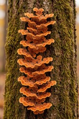 Naklejka premium Orange turkey tail mushrooms grow in vertical cluster on mossy tree bark. Colorful fungi fan out on old wood trunk in autumn forest. Close up shot shows natural texture of mycological species in wild